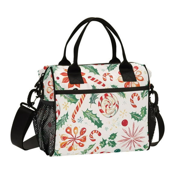 Lunch Bag Insulated Lunch Box Leakproof Reusable Cooler Tote Adjustable Shoulder Strap for Men Women Christmas Candy Canes Holly Leaves 9L
