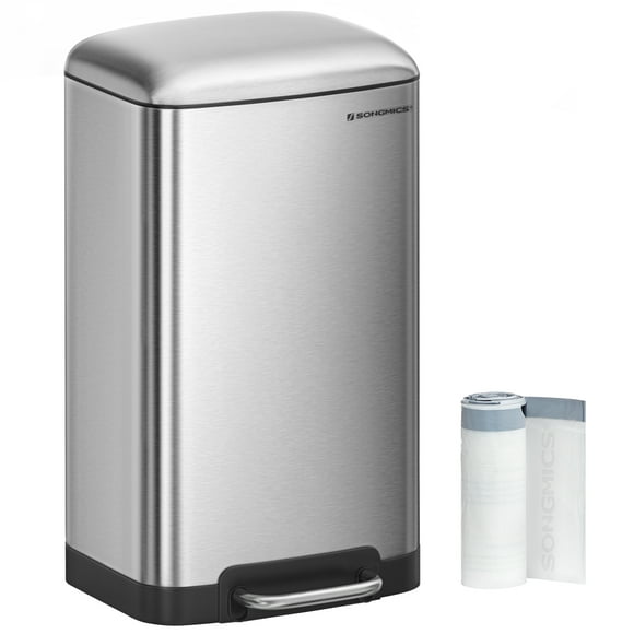 SONGMICS Trash Can, 8 Gallon (30L) Trash Bin with Lid and Inner Bucket, Stainless Steel Garbage Can, Soft Close, Silver
