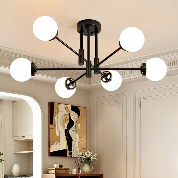 Deyidn Modern 6-Light Sputnik Chandelier with Milky White Glass Shades, 31 Inch Black Pendant Lighting for Dining Room