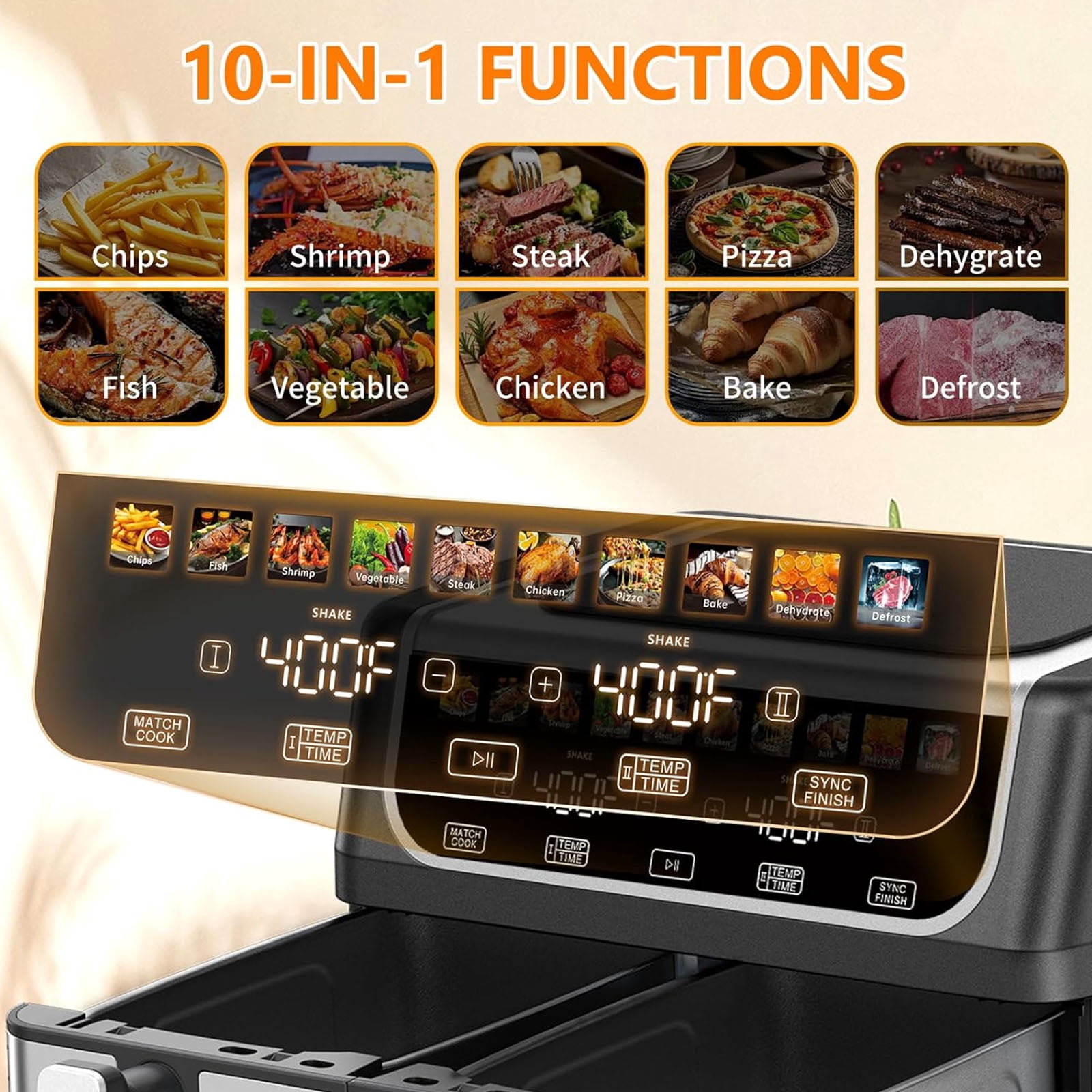 Casabay Dual Basket Air Fryer, 9.5 Qt Large Capacity Oven, 10-in-1 Functions, 1700W Touch Screen Dual Zone Temperature Control & Timer for Baking, Roasting, Reheating, Black