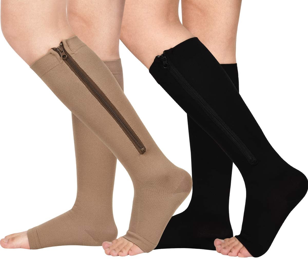 2 Pairs Wukang 15-20 mmHg Open Toe L/XL Size Zipper Compression Socks for Men Women