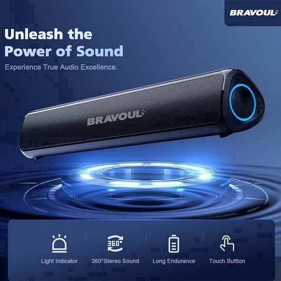 Bravoul Bluetooth Soundbar Stereo Sound for PC/Desktop 18.11 in with Charging Cable & Built-in Amplifier, Black