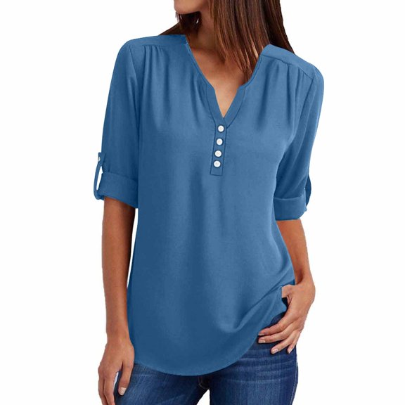 Lenpel Women's Blouses Soft V Neck Half Sleeve Button Dressy Casual Tunic Tops Trendy Spring Summer Outfits