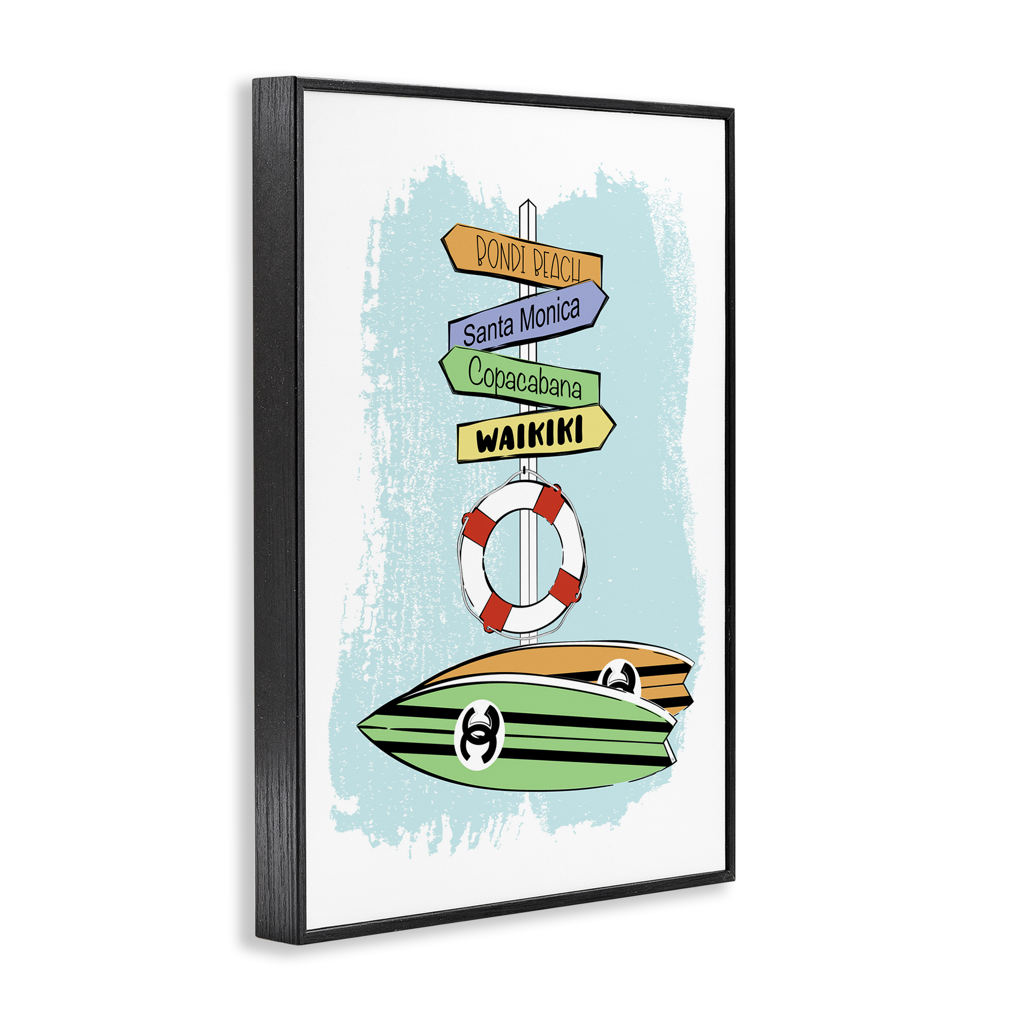 Stupell Industries Glam Surfboards & Sign Coastal Painting Black Framed Art Print Wall Art, 12 x 18