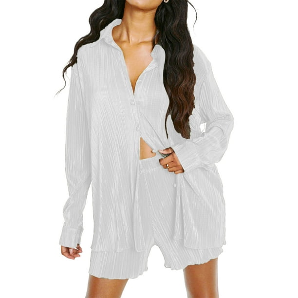 SAYOO , conjunto de ropa informal de 2 uds para mujer, camisas de manga larga fruncidas de color sólido con botones y pantalones cortos, traje SAYOO casual