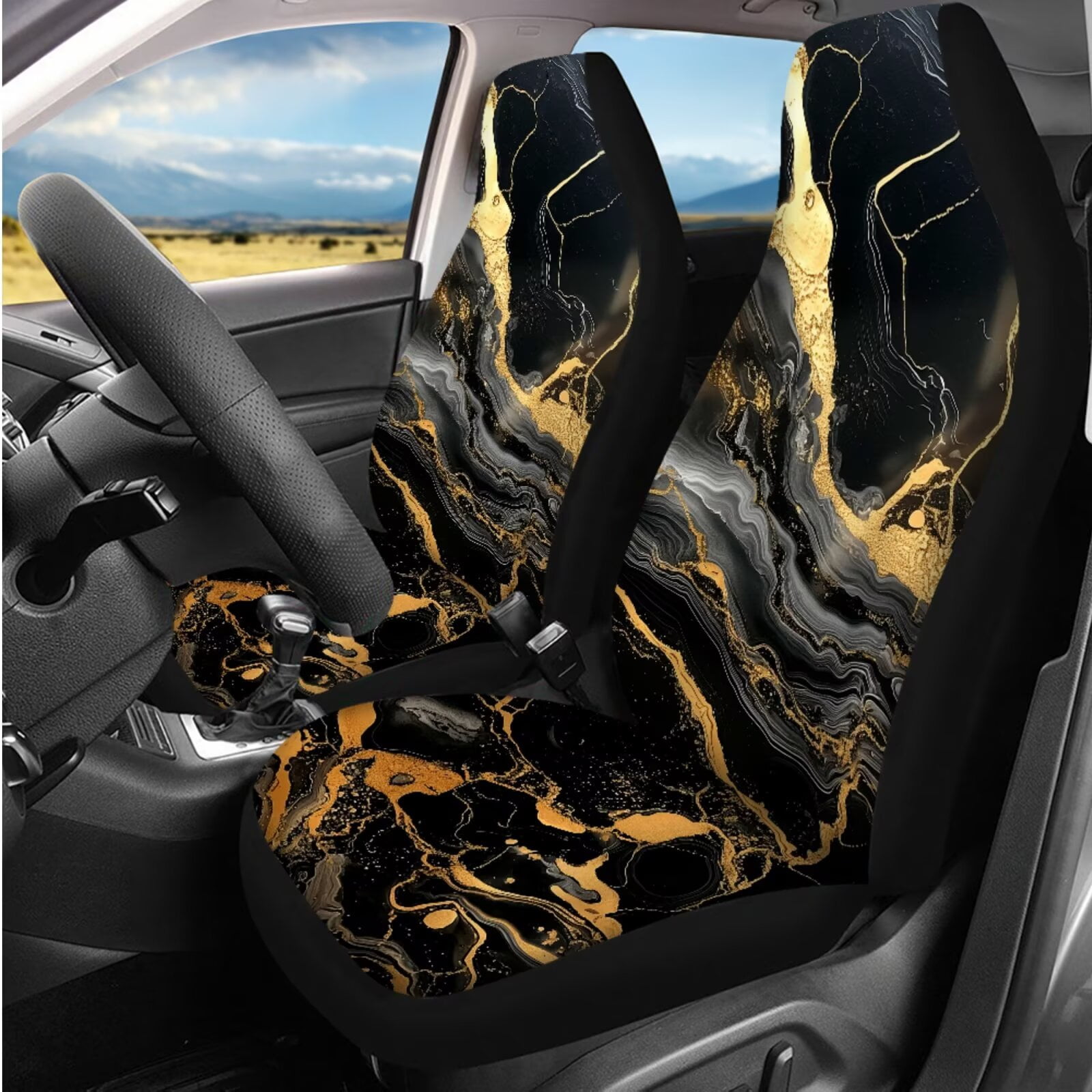 HUIACONG Black Marble Print Car Seat Covers Full Set with Steering Wheel Cover Coasters Center Console Cover Seat Belt Pads Headrest Cover Key Chain 14 Pcs Universal Car Accessories Interior