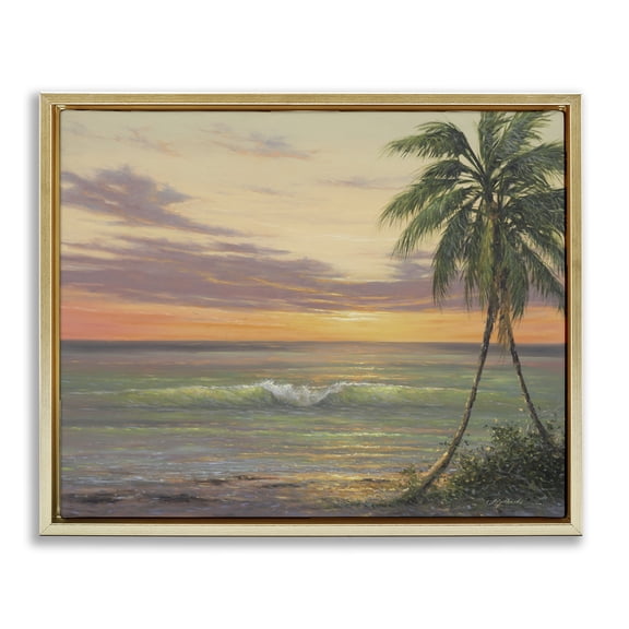 Stupell Industries Coastal Tropical Ocean Waves Beach Gold Floating Frame Canvas Art, 31 x 25, by Martin Figlinski