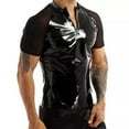 thumbnail image 2 of Men Shiny Leather T-Shirt, Glossy PVC Leather, Transparent Mesh, Plus Size Latex Short Sleeve Coat for Male, 2 of 6
