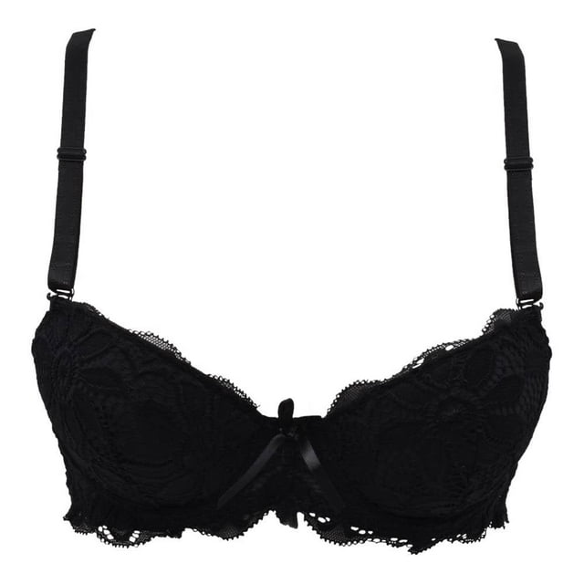 Brasier Secret Treasures con Encaje y Moño Negro Talla 34B, vista frontal centrada de brasier negro con copa cómoda y moldeadora cubierta de encaje floral, tirantes ajustables y moño decorativo al frente, ideal para lencería femenina y uso diario cómodo.