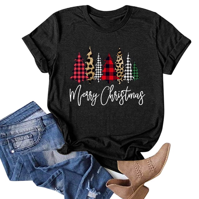 Fiudx Liquidación de Ofertas Flash Moda Mujer Casual Navidad Impresión Pulóver Manga Corta Camiseta Tops Blusa