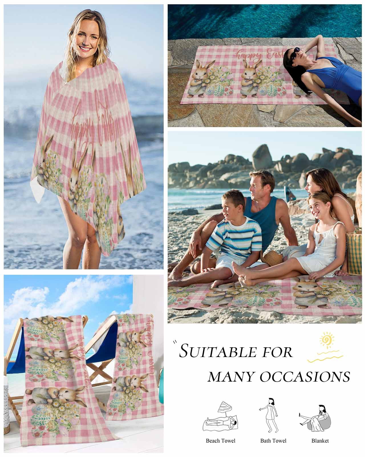 Easter Day, Beach Towels Oversized Super Absorbent, Easter Bunny Easter Eggs Daisy Plaid Pink Lightweight Bath Towel Quick Dry Sets For Bathroom/Pool/Rv Camping/Beach Play/Gym Room/Picnic 30"x60"