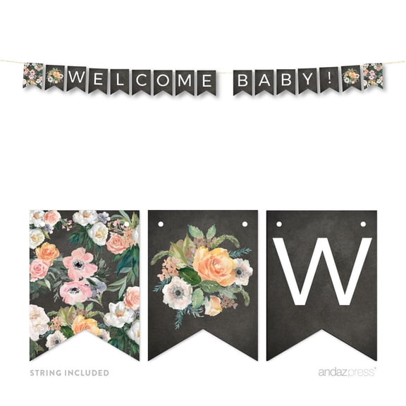Peach Chalkboard Floral Garden, Welcome Baby! 5-Feet Hanging Pennant Party Banner with String