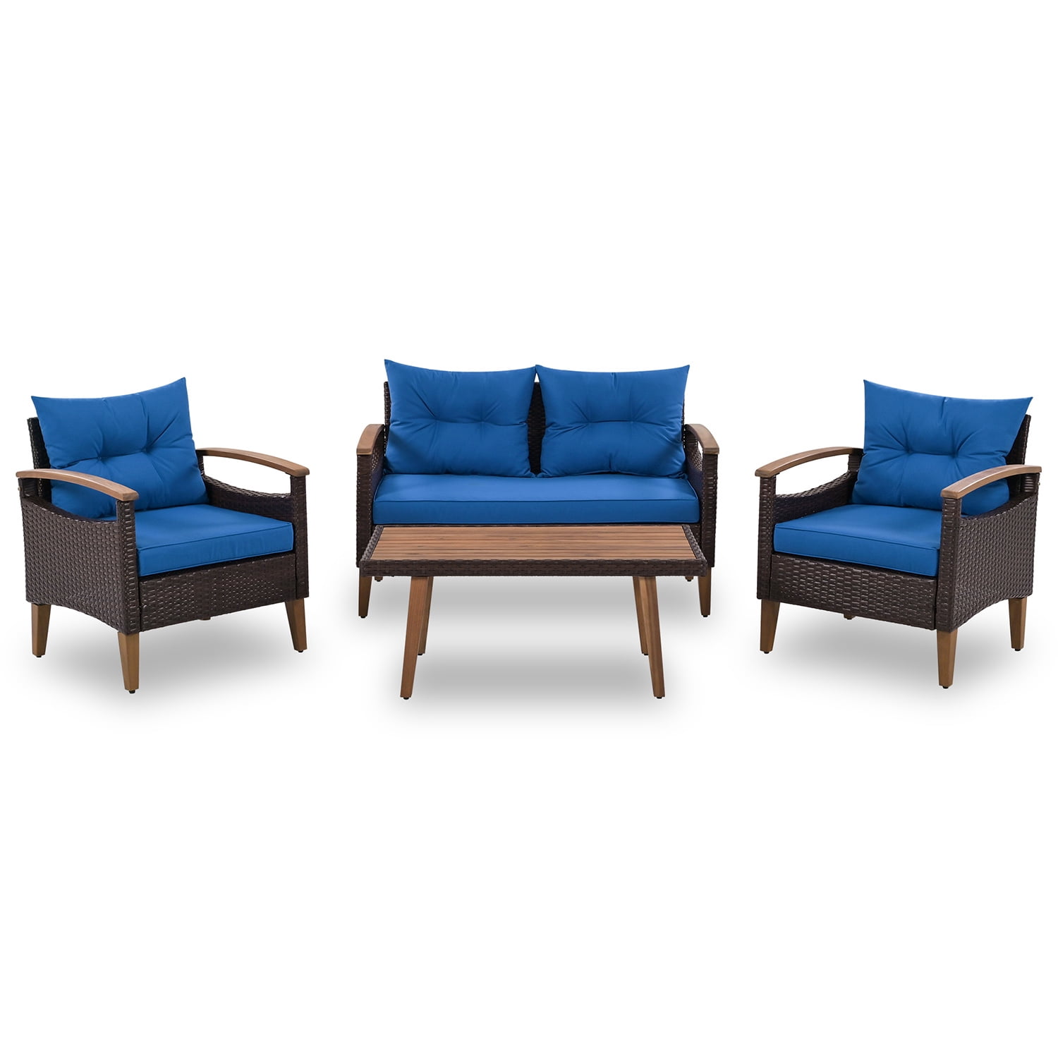 Kadyn 4-Piece Patio Seating Set, Wicker Garden Furniture with Wood Table and Legs, PE Rattan Outdoor Sofa Set for Balcony, Blue