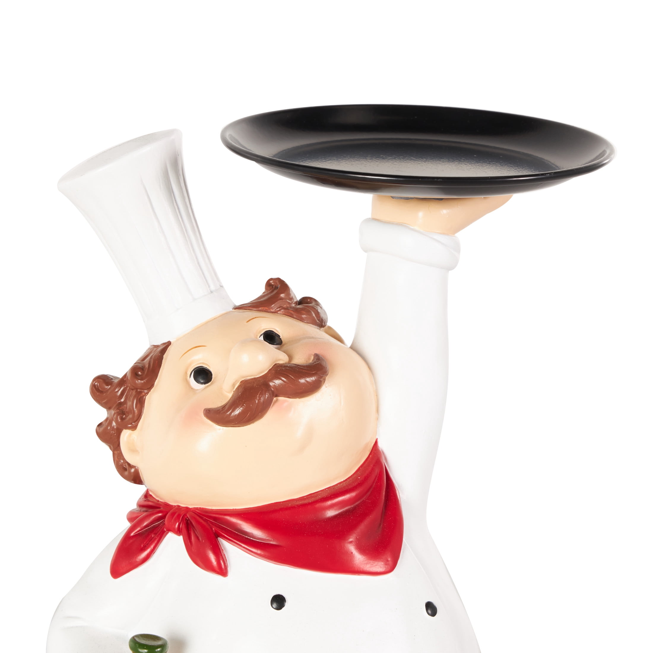9" x 13" White Polystone Kitchen Decorative Figurine Chef Sculpture with Black Tray and Green Bottle, by DecMode