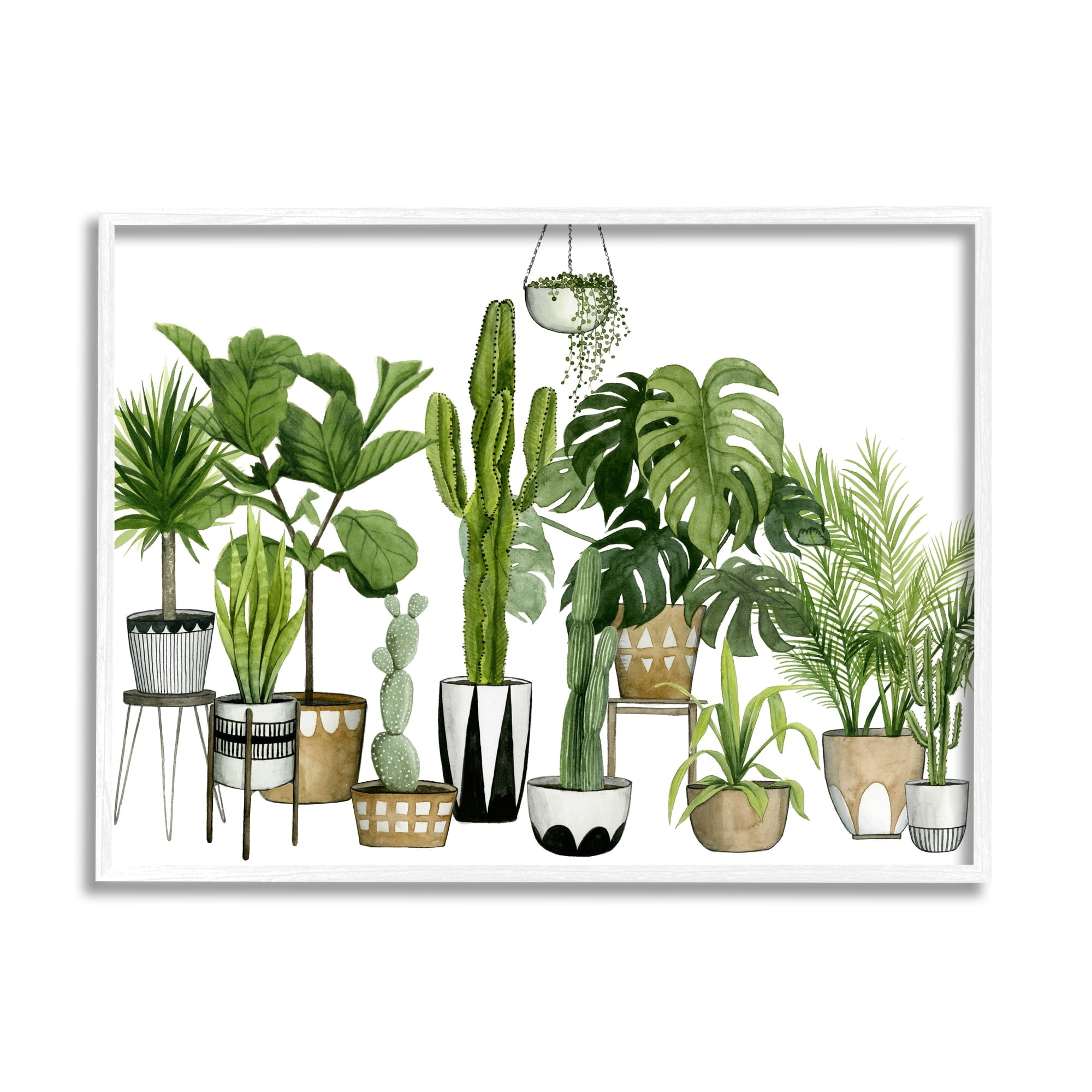 Stupell Industries Boho Plant Scene with Cacti and Succulents in Geometric Pots Watercolor White Framed Art Print Wall Art, 24x30, by Grace Popp