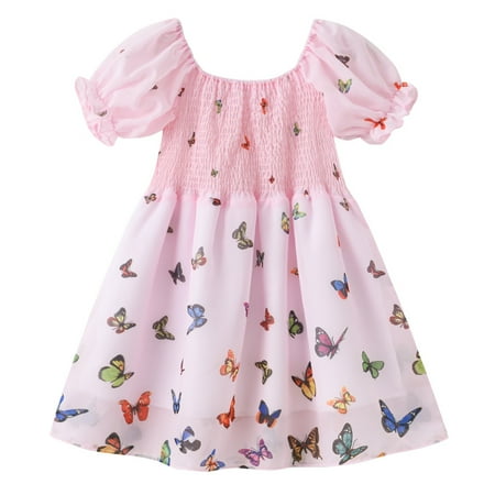 

QIPOPIQ Toddler Girls Casual Dresses Clearance Toddler Kids Baby Girls Summer Butterfly Princess Dress Puff Sleeve Skirt