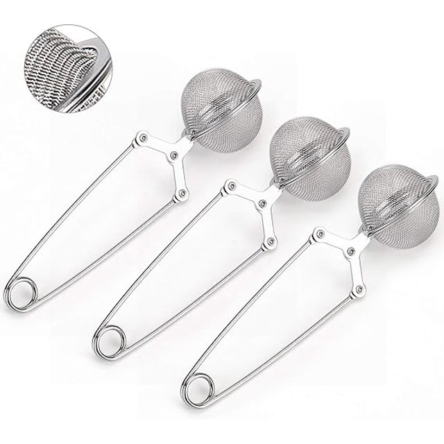 Colador de té Snap Ball, paquete de 3 infusores de té de acero inoxidable premium con mango para té de hojas sueltas, infusores de filtro de bolas de té de malla fina, plateado, 16 cm