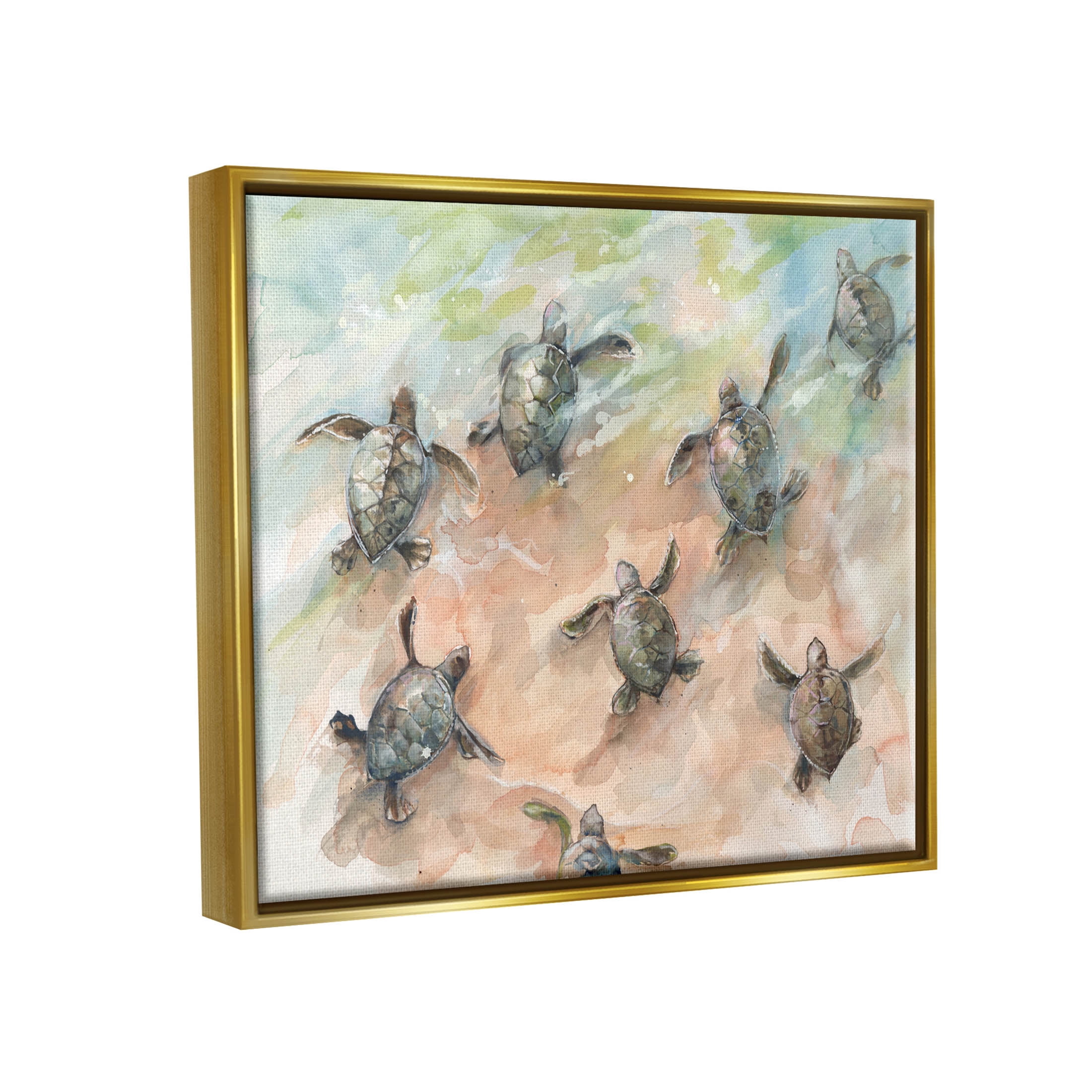 Baby Sea Turtles Swimming Shore Animals & Insects Painting Metallic Gold Framed Art Print Wall Art