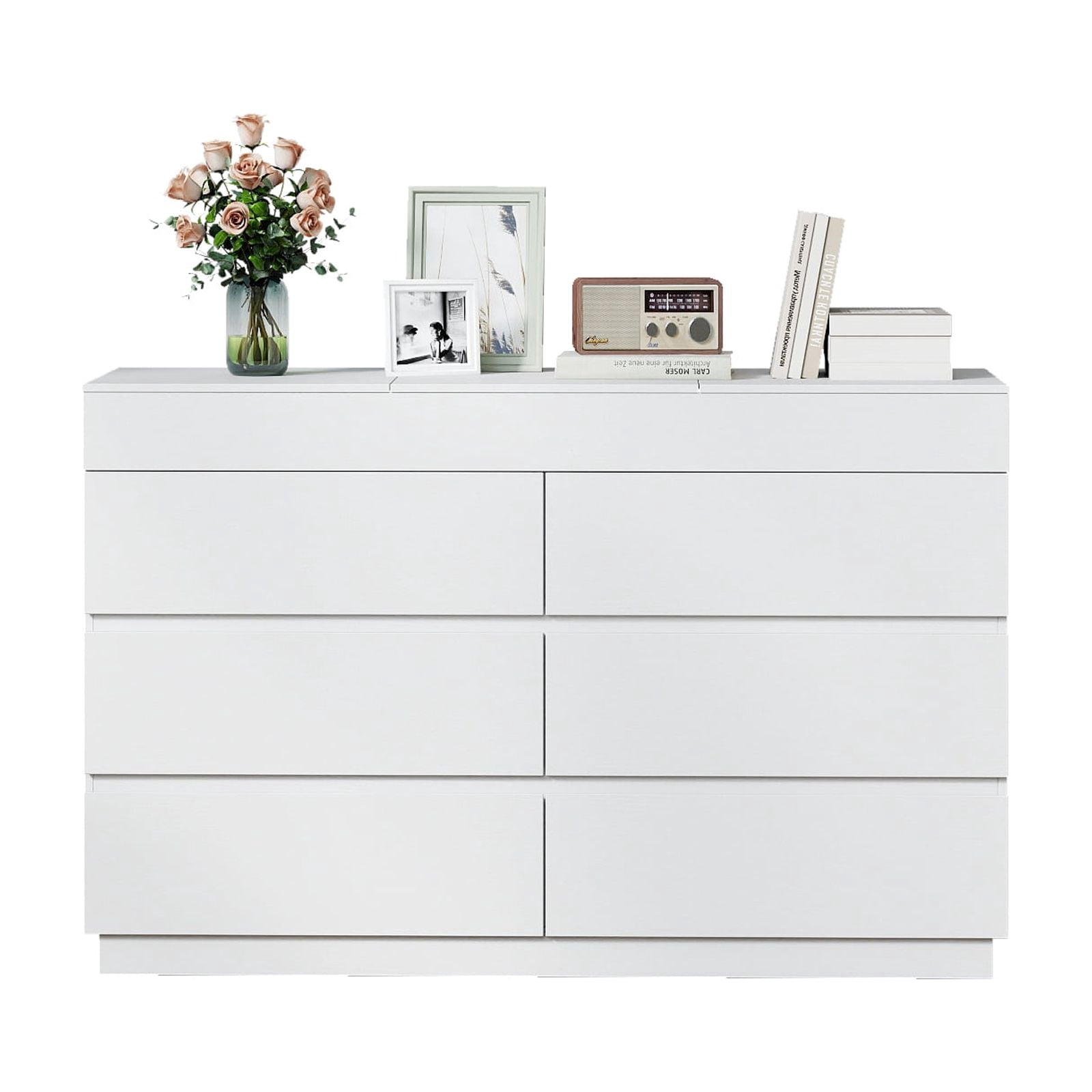 Six-drawer Cabinet With Mirror, White Embossed P2 12mm Particleboard With Melamine Veneer, 120*40*85.5cm