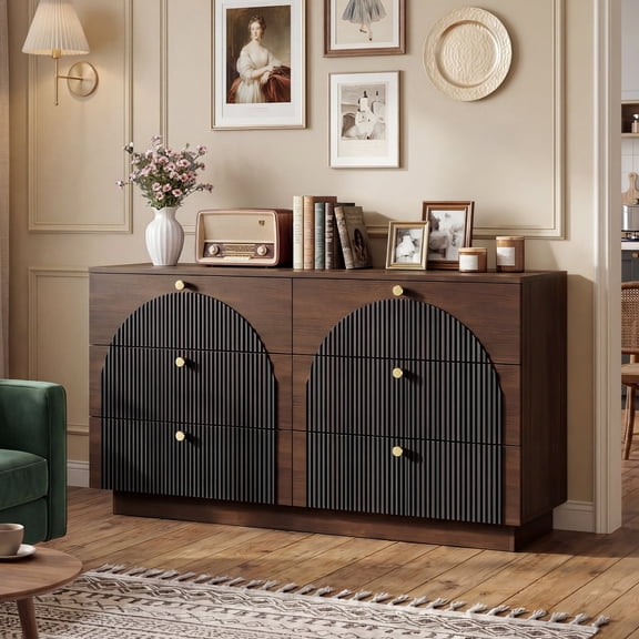 Fluted 6 Drawer Dresser for Bedroom 55" Wide Wooden Dresser TV Stand Mid Century Modern Storage Organizer for Living Room, Hallway, Black