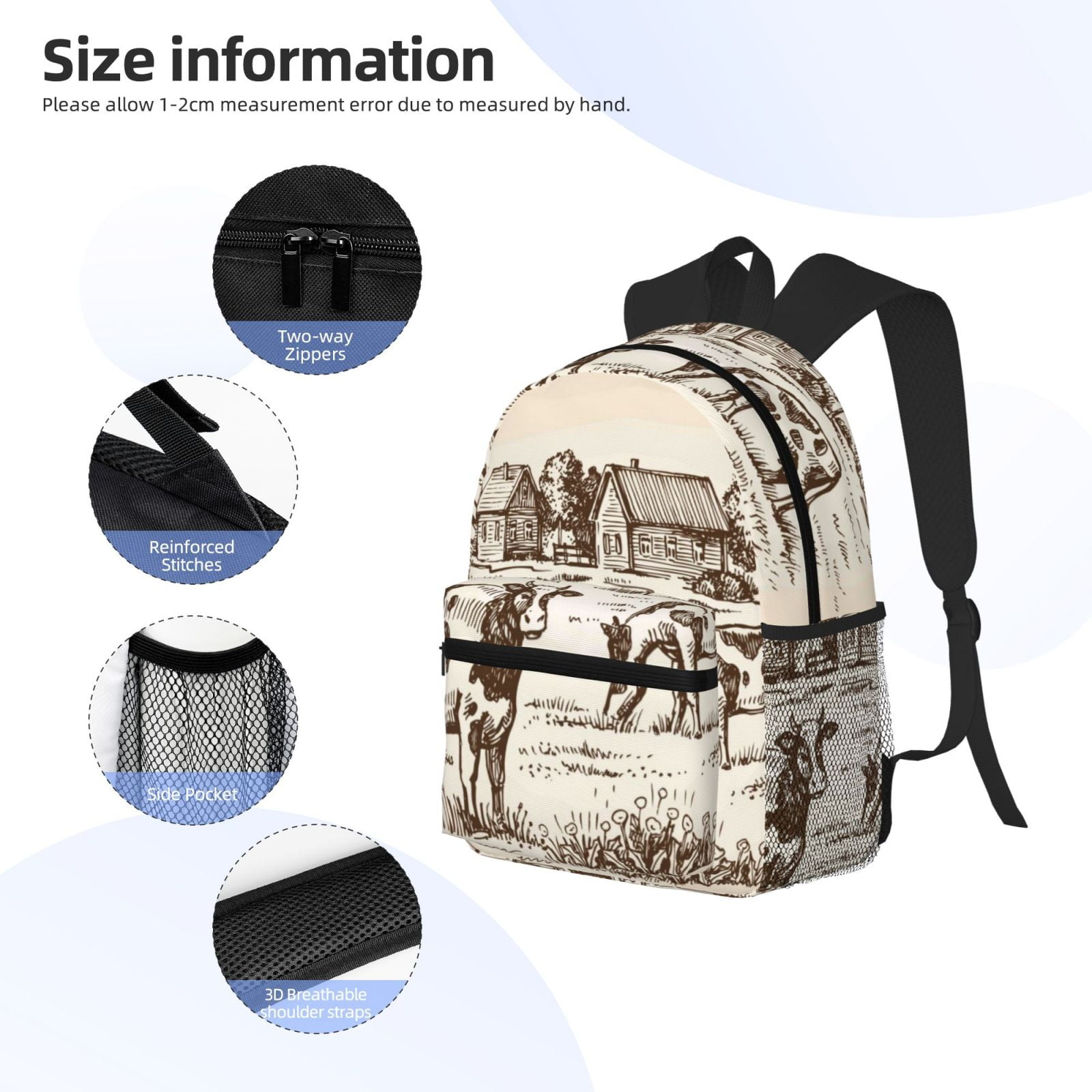 Vsdgher Cows On The Farm Print Unisex Large Capacity Bookbag Schoolbag Casual Daypack for High School/College/Teens/Travel/Work