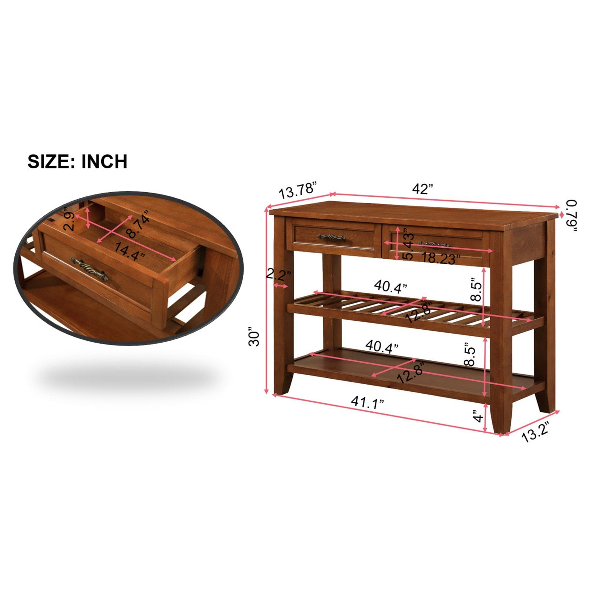 42 Inch Solid Wood Mid-Century Console Table with 2 Drawers & Shelves – Entryway Sofa Table, Sideboard,Brown