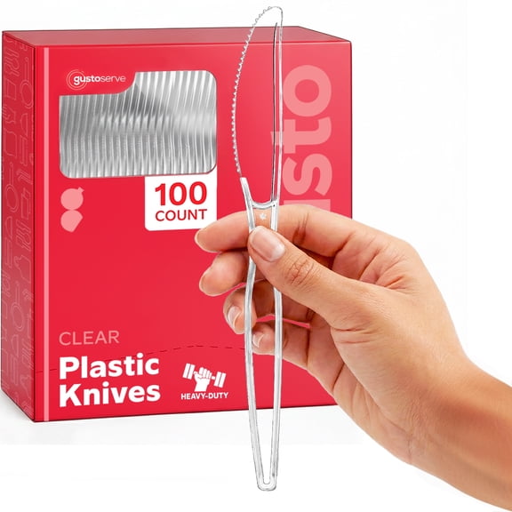 GUSTO Basic Clear Plastic Knives Disposable Cutlery Heavy Duty, 100-Pack