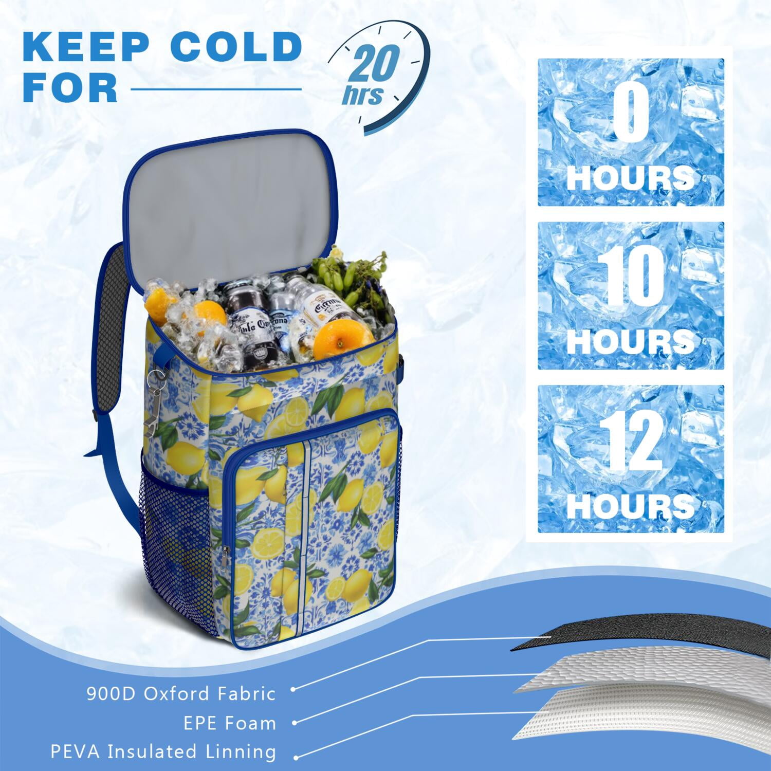 Travel Cooler Bag - Lemon Camping Beer Cooler Backpack with Bottle Opener- Waterproof Insulated Picnic Backpacks - Cooler Bag for Beach