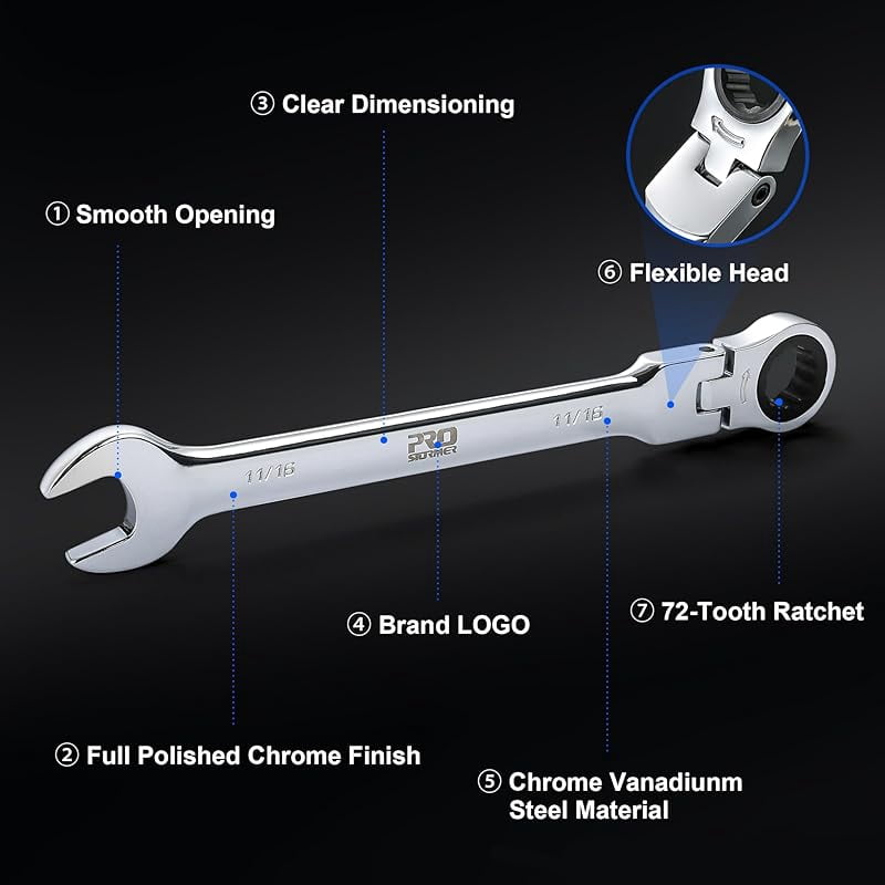 14-Piece Metric Flex-Head Ratcheting Wrench Set, 6-19mm Ratchet Combination Wrench Kit with Storage Case, 72 Tooth, Cr-V Steel Constructed