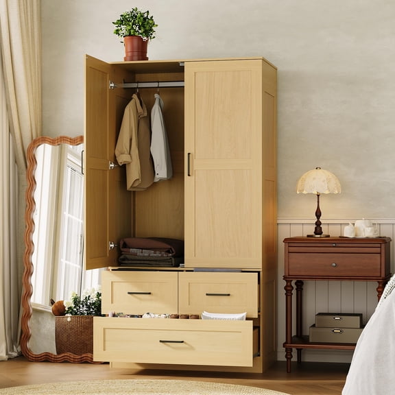 Kicctian Wooden Armoire Wardrobe Closet with 3 Drawers, 70" Clothing Storage Cabinet with 2 Doors & Hanging Rod, Freestanding Modern Bedroom Armoire Cabinet, Natural Wood Color