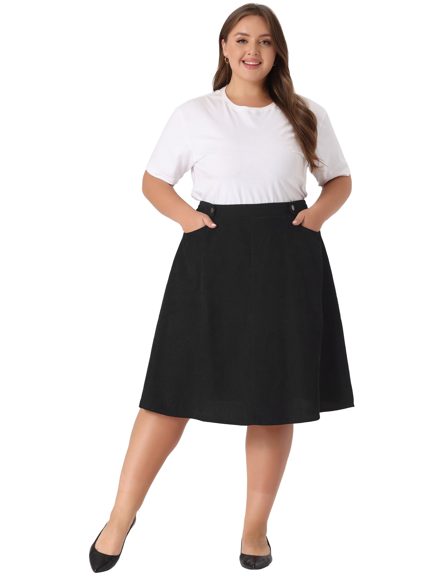 DARING DIVA Women's Plus Size Corduroy Elastic High A Line Midi Skirts 3X Black