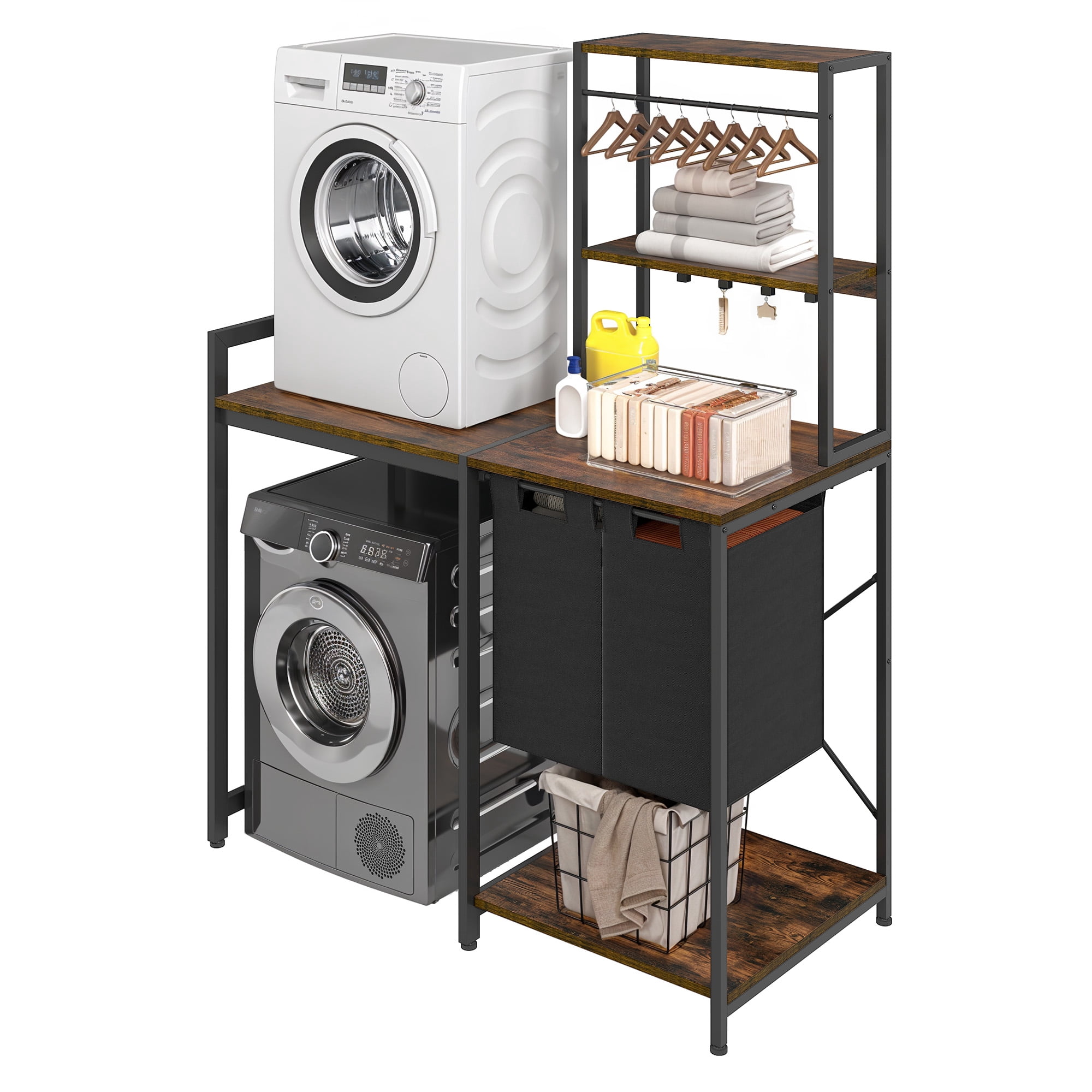 Uforic Laundry Storage Shelves with Hamper, Washer & Dryer Storage Rack, Brown