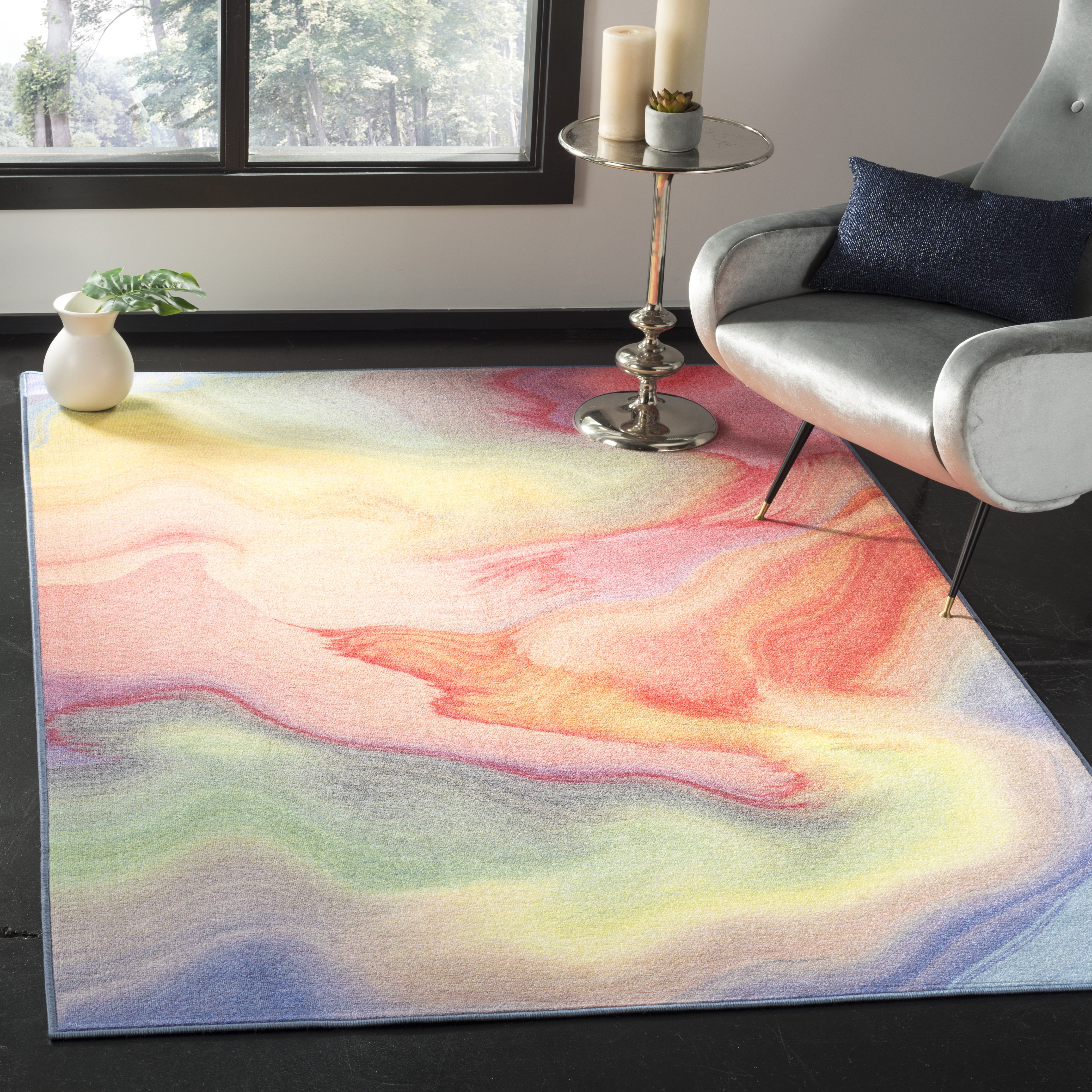 SAFAVIEH Paint Brush Jonie Abstract Machine Washable Area Rug, Fuchsia/Yellow, 6'7" x 6'7" Square