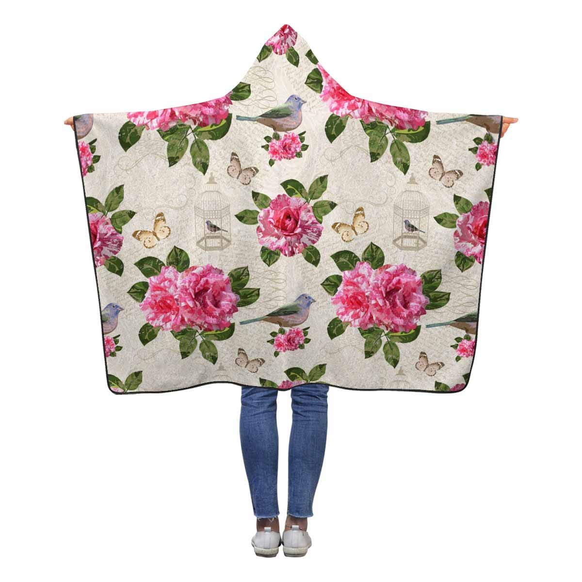 ASHLEIGH Flowers Bird Butterflies Wearable Hooded Blanket 50x60 inches