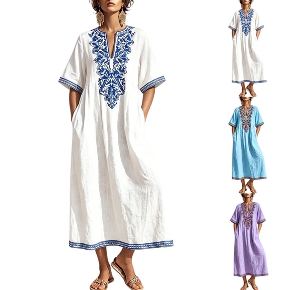 Womens Summer Dresses Linen Boho Floral Printed Maxi Dress Half Sleeve V Neck Beach Vacation Relaxed Fit Sundress White S