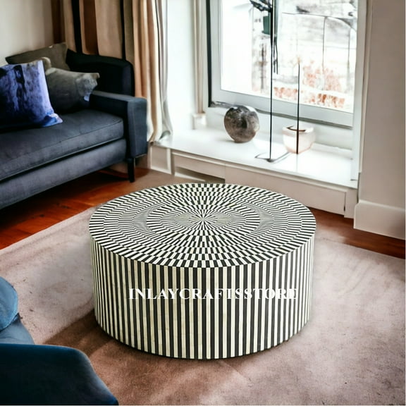 LAKECITY ARTS Bone Inlay Illusion Stripe Center Table Black, Bone Inlay Illusion Stripe Coffee Table Black, Bone Inlay Round Illusion Stripe Table Black