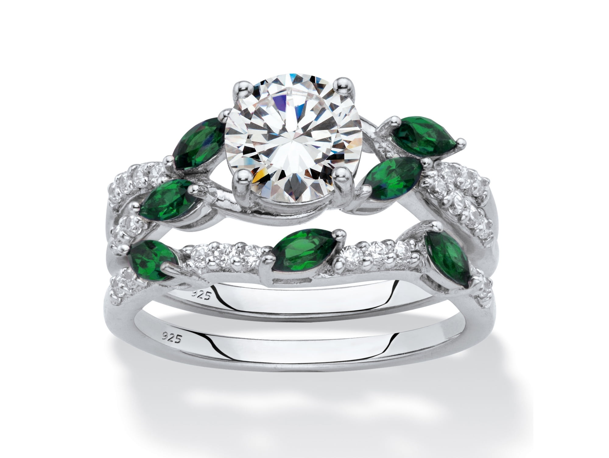 Emerald and diamond sterling silver engagement Dress ring