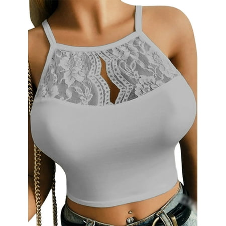 

Ritualay Women Camisole Sleeveless Sleepwear Floral Slim Fit Lingerie Lace Ladies Cropped Solid Color Soft Hollow Out Gray 2XL