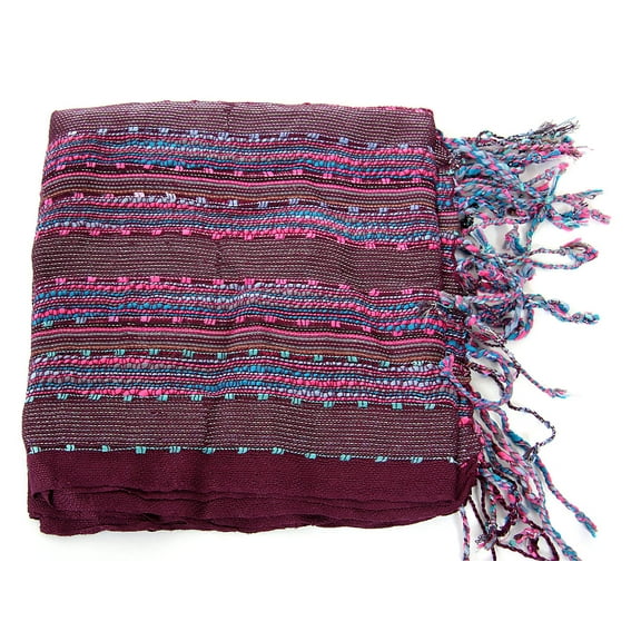 Women's Layered Knit Open Weave Scarf with Fringes Burgundy Scarf Wrap 72 x 20 inches