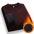 thumbnail image 3 of SERTG Men's Solid Color Plush Knit Sweater Fall Winter Thermal Warm Thickened Round Neck Long Sleeve Fleece Lined Tops Parent Sweaters(Wine,M), 3 of 3