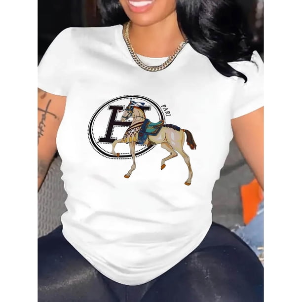 Camiseta deportiva informal y sencilla de manga corta con diseño creativo de caballo y alfabeto para mujer, ideal para vacaciones de verano y para el tiempo libre.