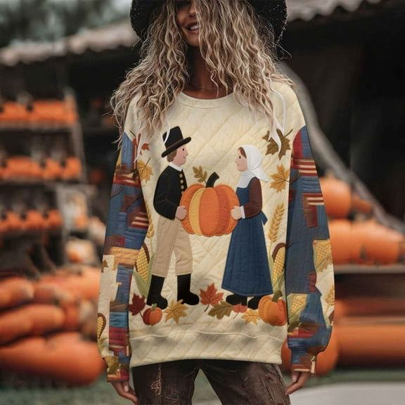 Inverlee Thanksgiving Sweatshirts Women Cute Turkey Pumpkin Graphic Sweatshirt Trendy Long Sleeve Work Shirts Crewneck Dressy Casual Pullover Tops