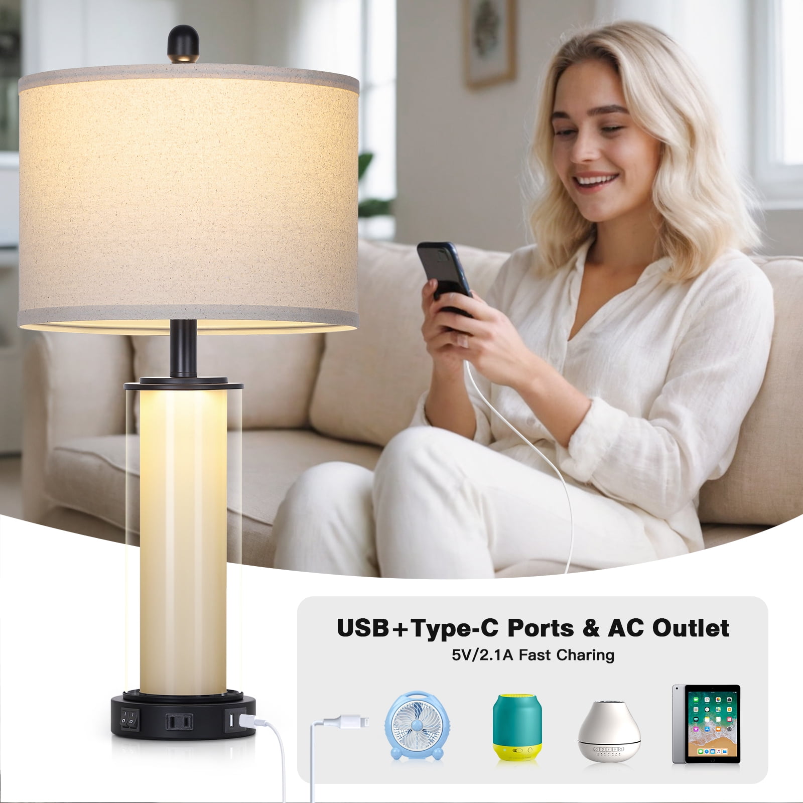 Lolikit Table Lamp Set of 2 Modern Nightstand Bedside Lamps for Bedroom Living Room with USB A+C Ports & AC Outlet,Bulbs Included