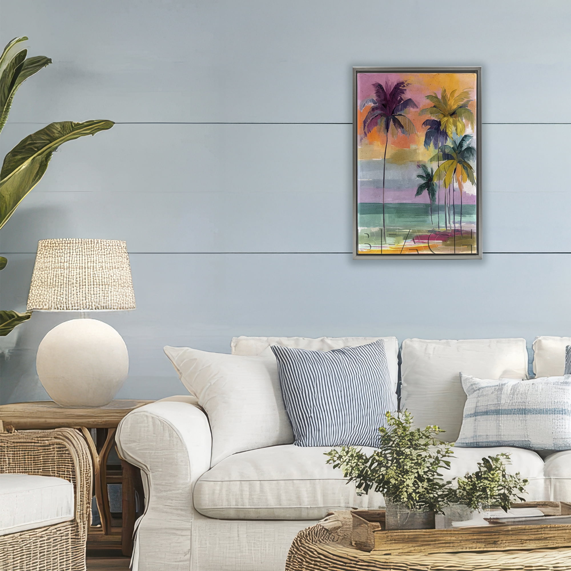 Stupell Industries Crayon Beach at Sunset Gray Framed Floater Canvas Wall Art, design by Annabelle Hall