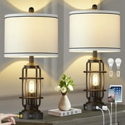 Cinkeda Modern Table Lamps with USB A+C Ports AC Outlet 3 Way Dimmable Touch Control Nightlight Black Industrial Bedside Lamp Set of 2 for Living Room Bedroom