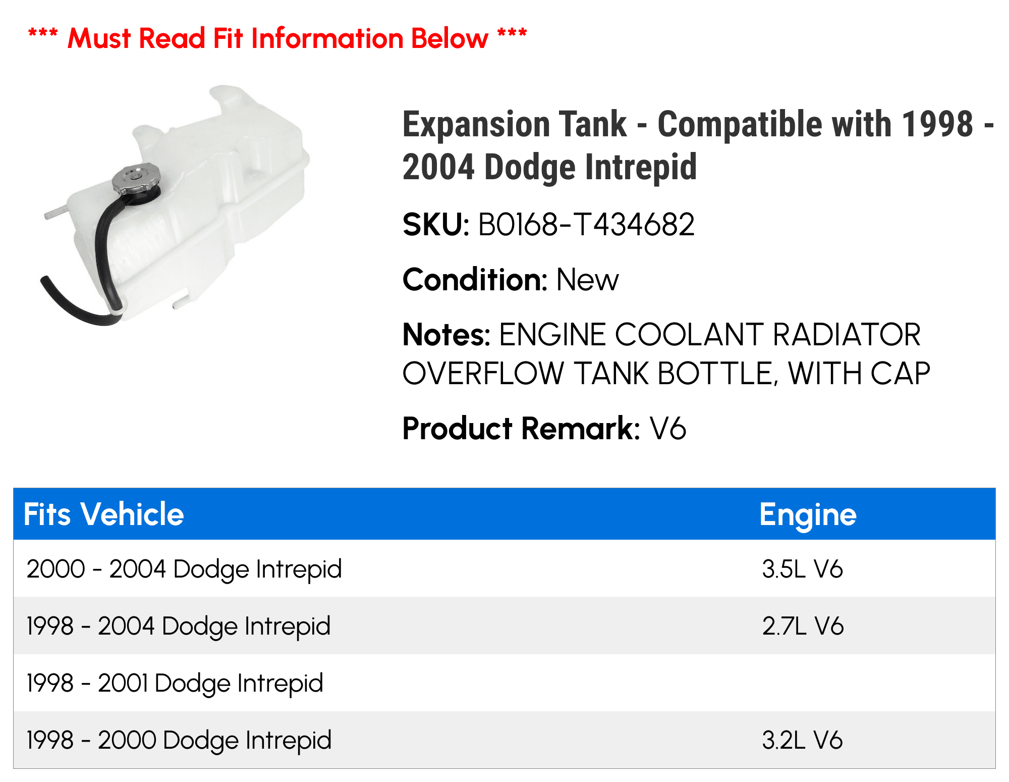 Expansion Tank - Compatible with 1998 - 2004 Dodge Intrepid 1999 2000 2001 2002 2003