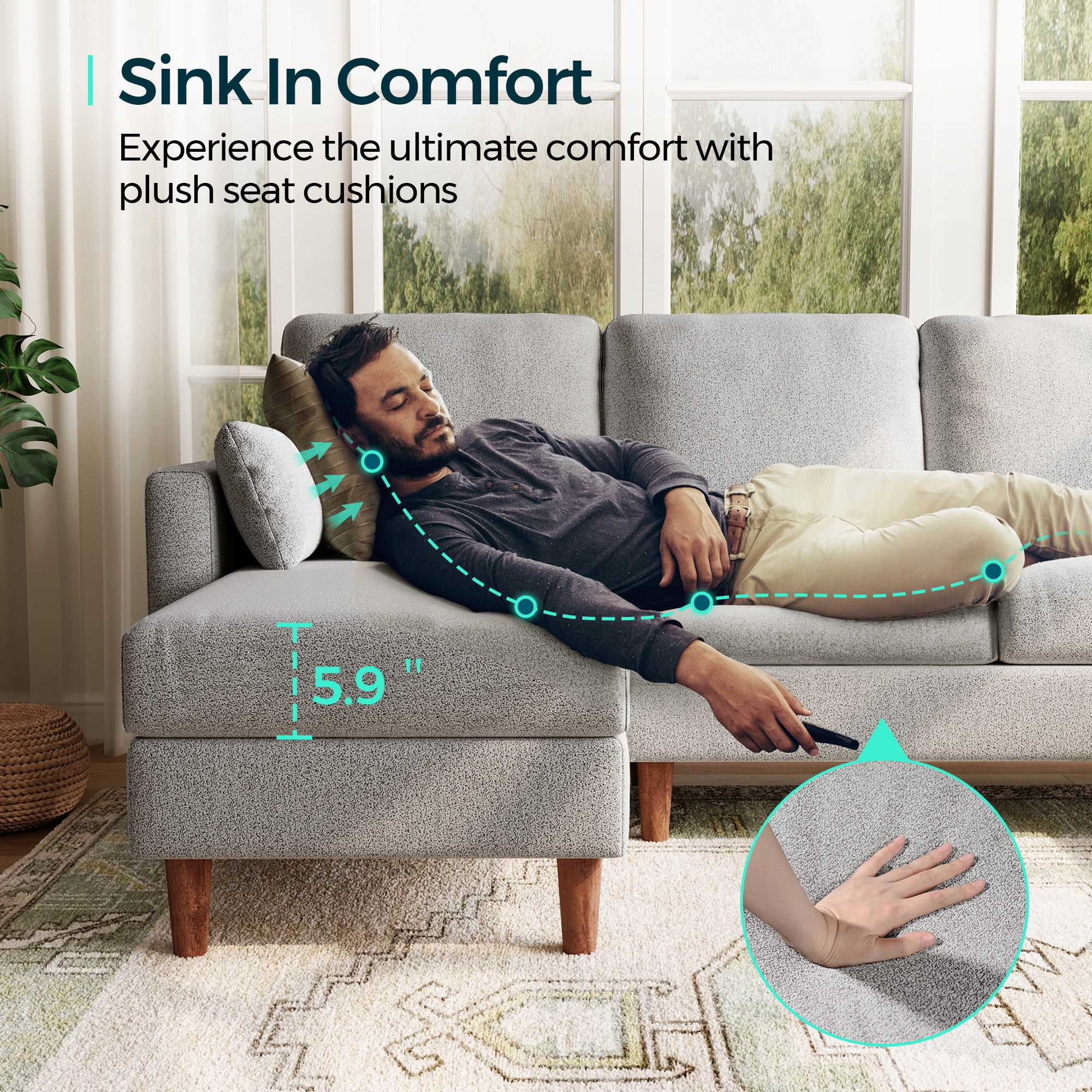 Linsy Home 101" Modular Sectional Couches for Living Room, U-Shaped Sectional Sofa with 2 Pillows, 4 Seat Oversized Sofa with Double Chaise, Light Gray Bouclé