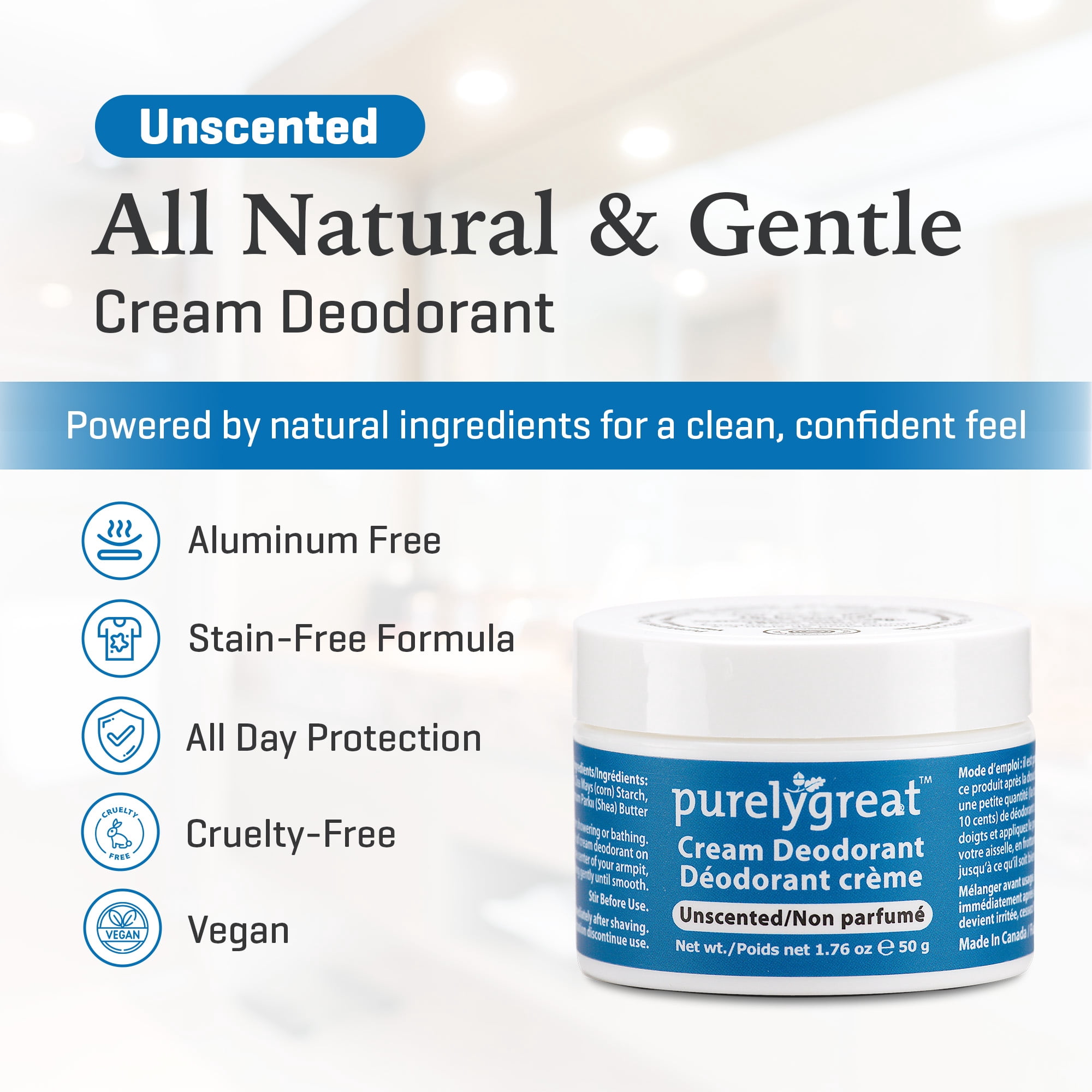 4 Pack - Purelygreat Natural Deodorant Cream - Unscented 50g