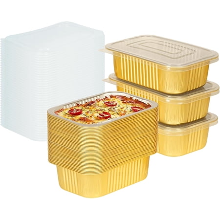 40 Pack Gold Aluminum Foil Pans with Lids, 2 LB/32oz Heavy Duty Containers | Double-thick gold foil pans clear lids. Durable, leak-resistant containers for meal prep, freezer storage and takeout.