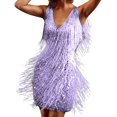thumbnail image 1 of Vestidos cortos sexis de fiesta con escote en V para mujer, de baile latino, sin mangas, con lentejuelas brillantes y borlas para actuaciones en el escenario, 1 of 5